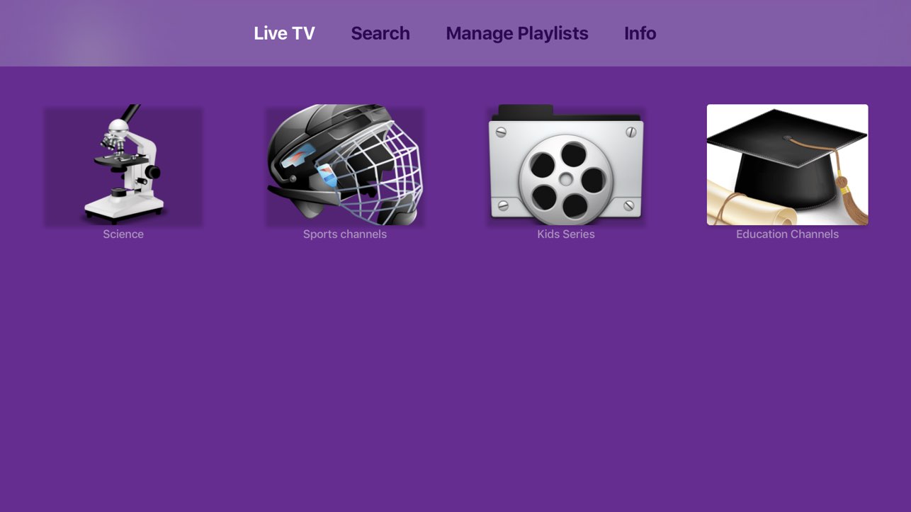 SageIPTV for Apple TV showing live TV categories